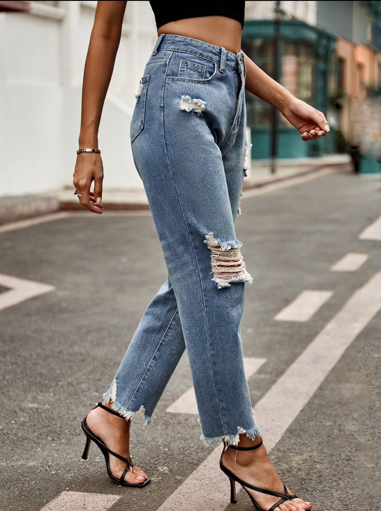High Waist Buttoned Ripped Straight-Leg Denim Jeans