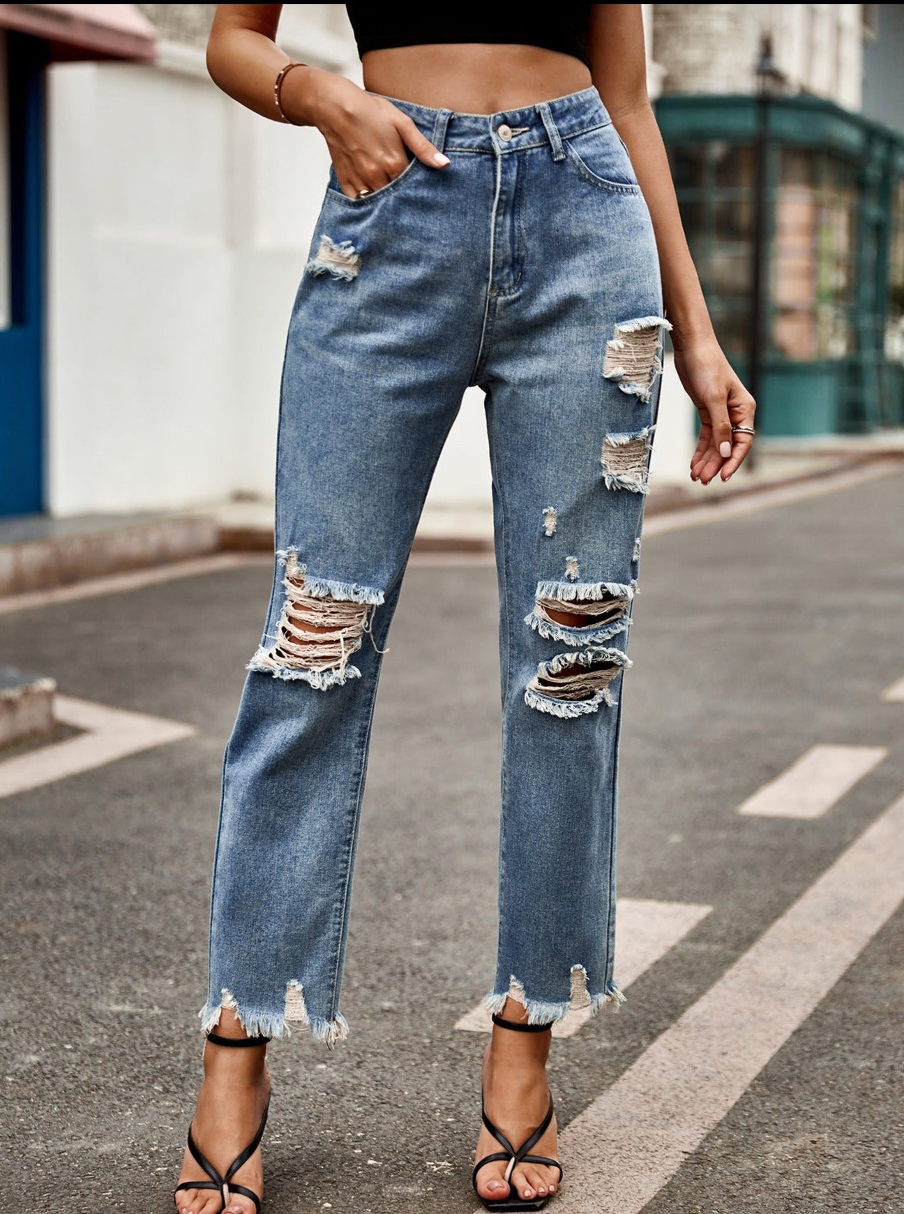 High Waist Buttoned Ripped Straight-Leg Denim Jeans