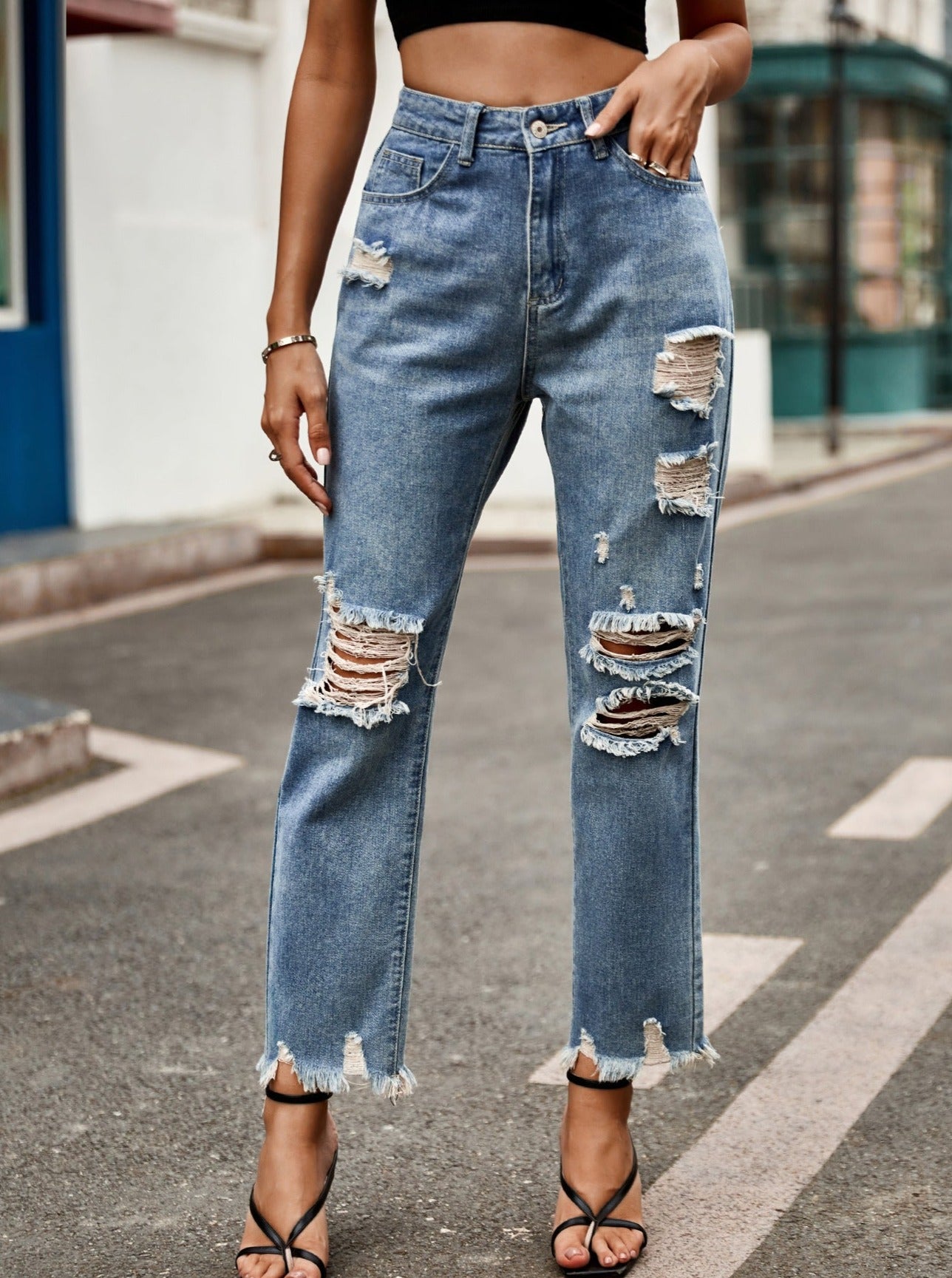 High Waist Buttoned Ripped Straight-Leg Denim Jeans