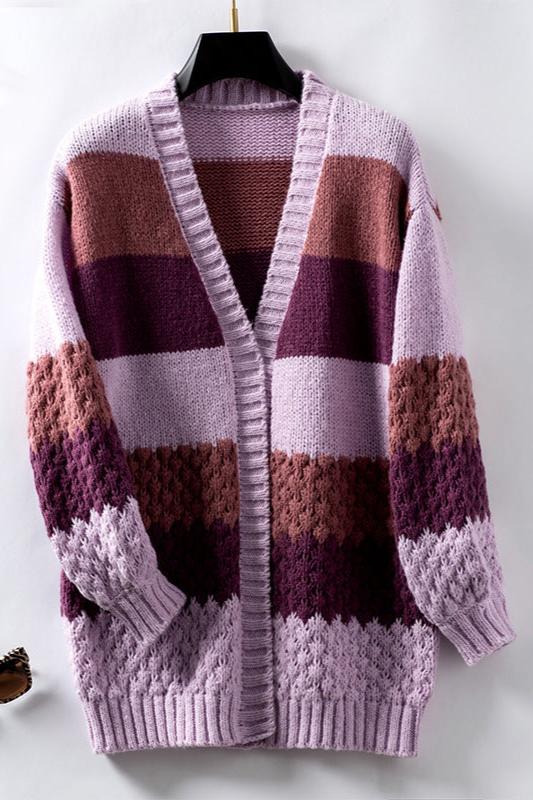 Multi Colored Lantern Sleeve V-Neck Knitted Cardigan