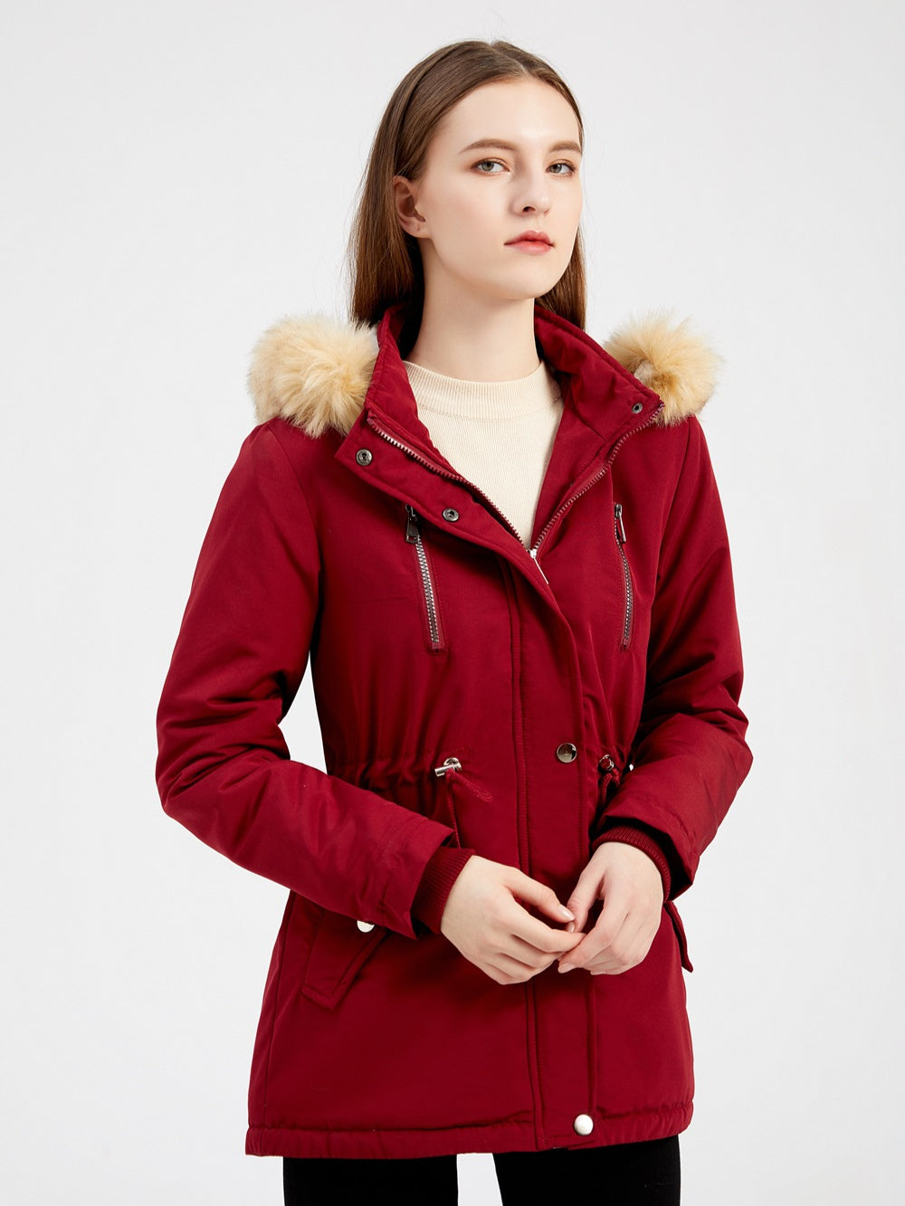 Warme Damen Winterjacke Mit Fellkapuze – Gefütterte Parka Jacke Mit Taillenzug