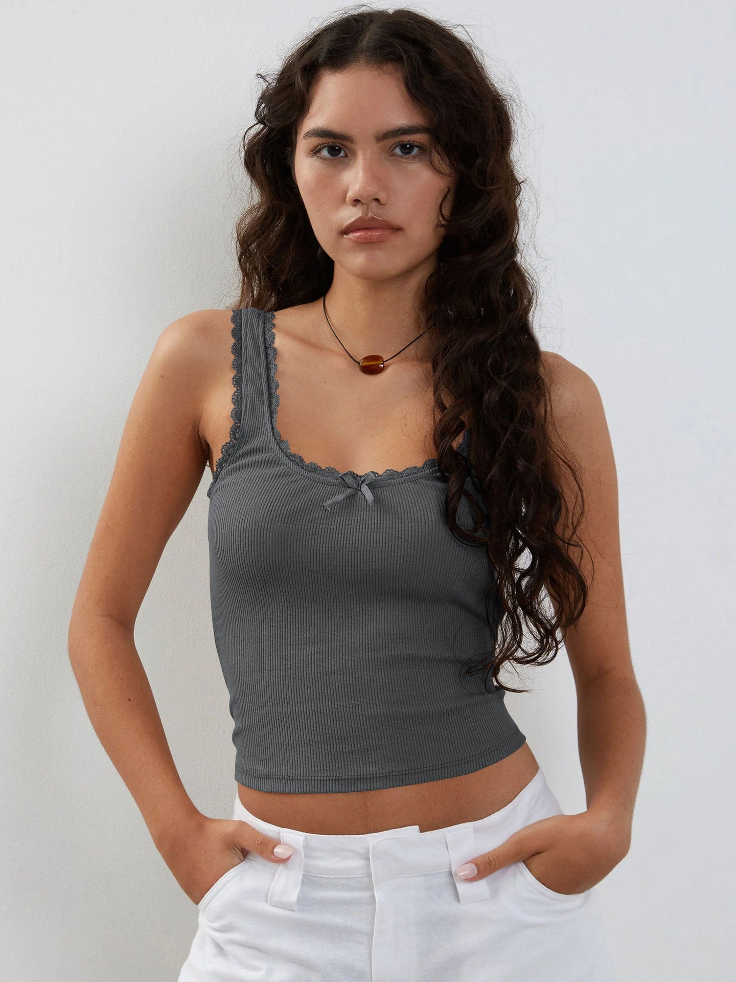 Dark Grey Tank Lace Sleeveless Crop Top