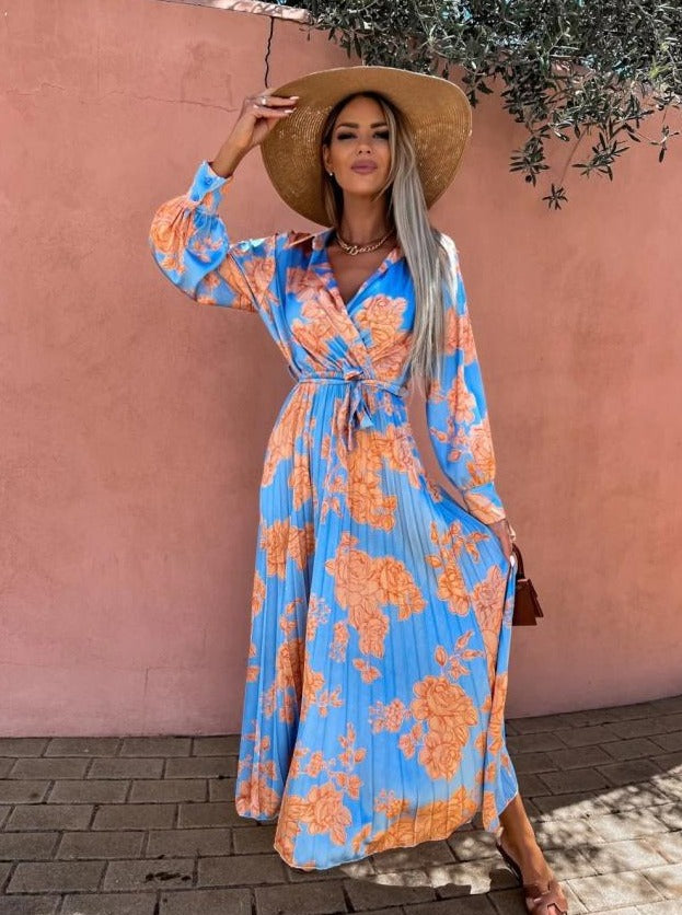 Floral Printed Tie Waist Long Sleeve Maxi Dress