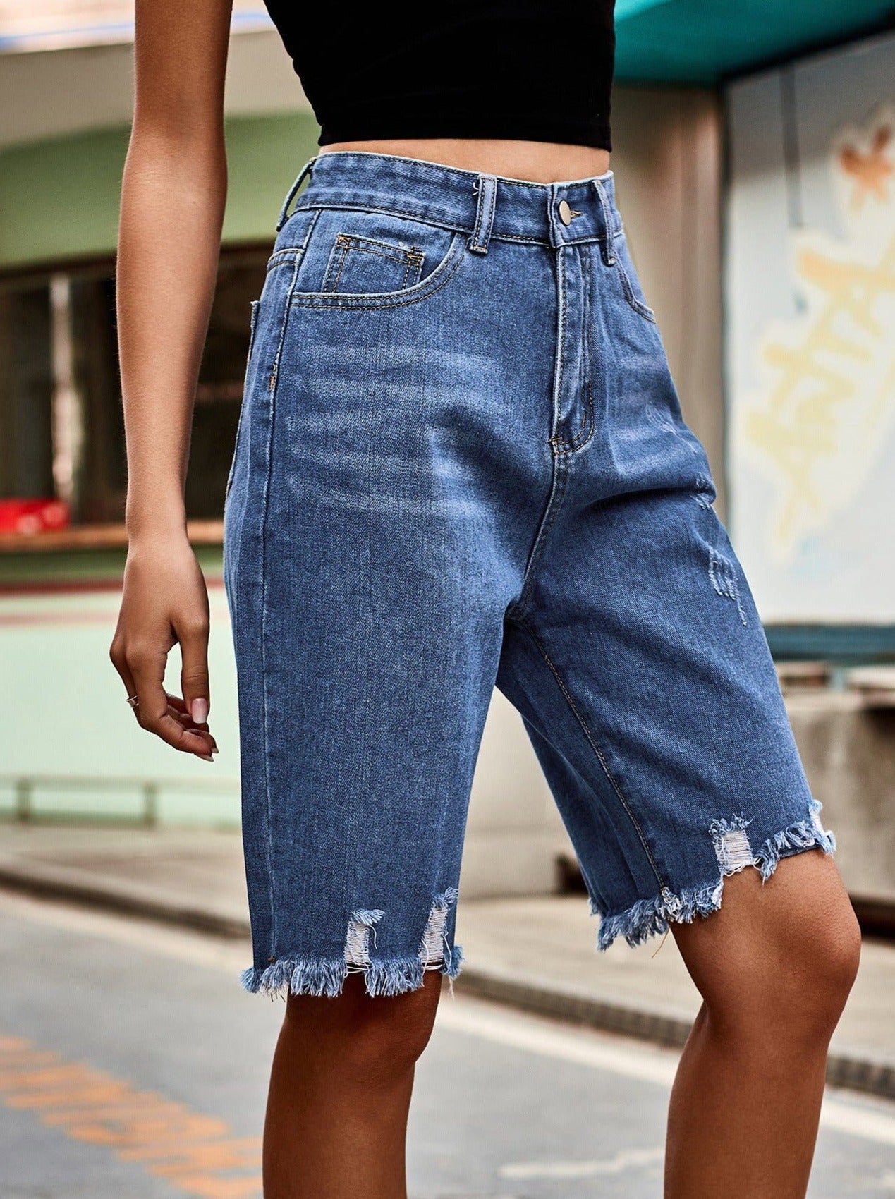 Buttoned High-Waisted Denim Bermuda Shorts