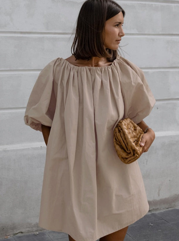 Elegant Khaki Wrinkled Short-Sleeved Dress