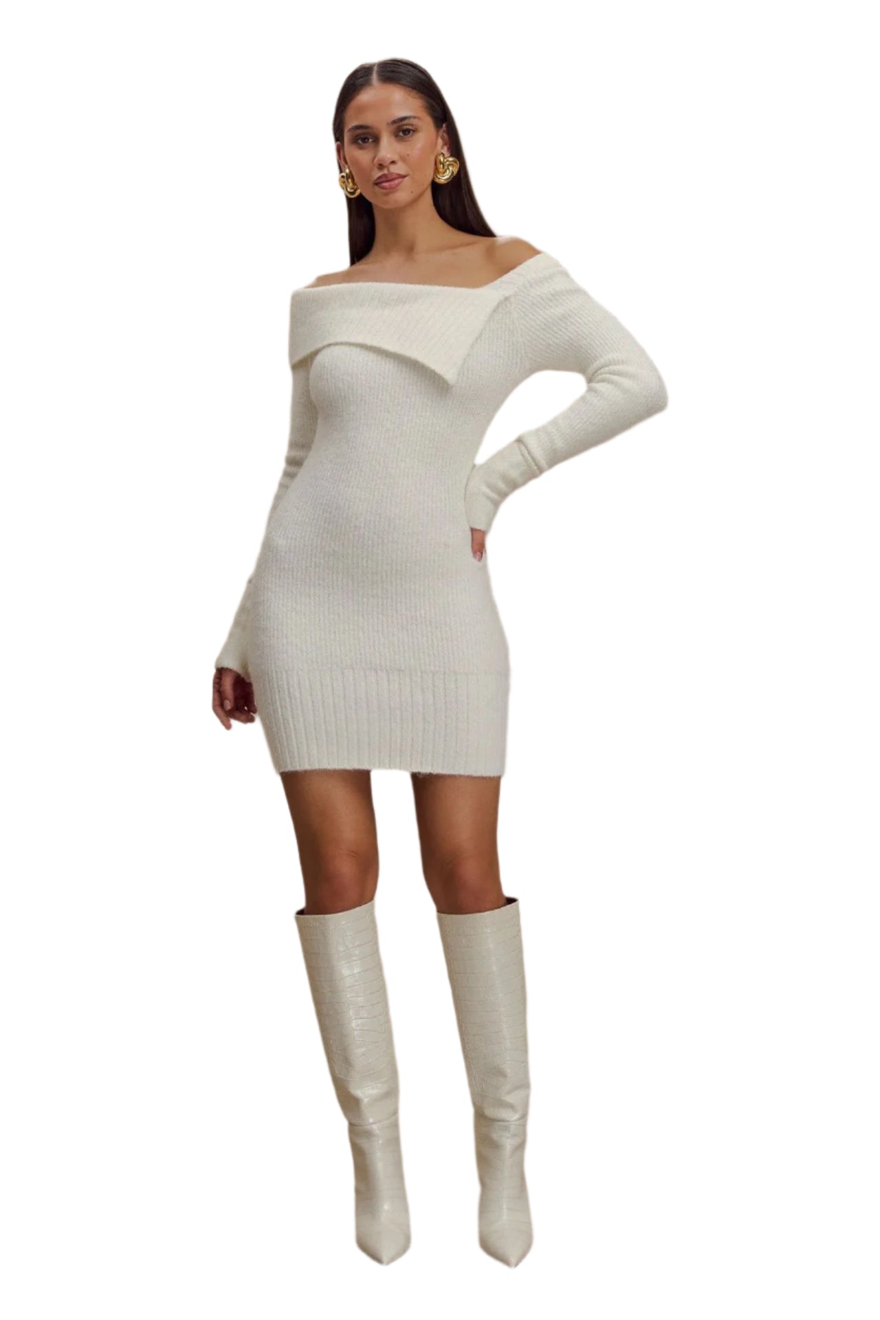 Women's Classic White Off-Shoulder Ribbed Knit Dress