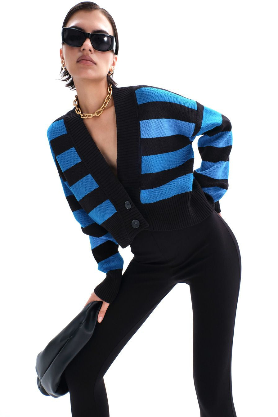 Blue Deep V-Neck Striped Knitted Cardigan