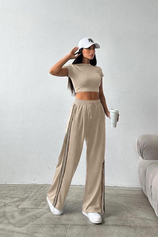 Sporty Short Sleeve Crop Top and Pants Set