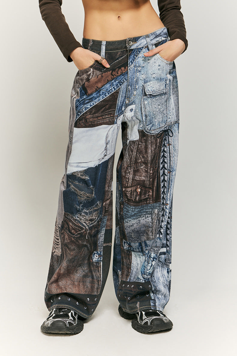 Cargo-Style Patchwork Wide-Leg Pants