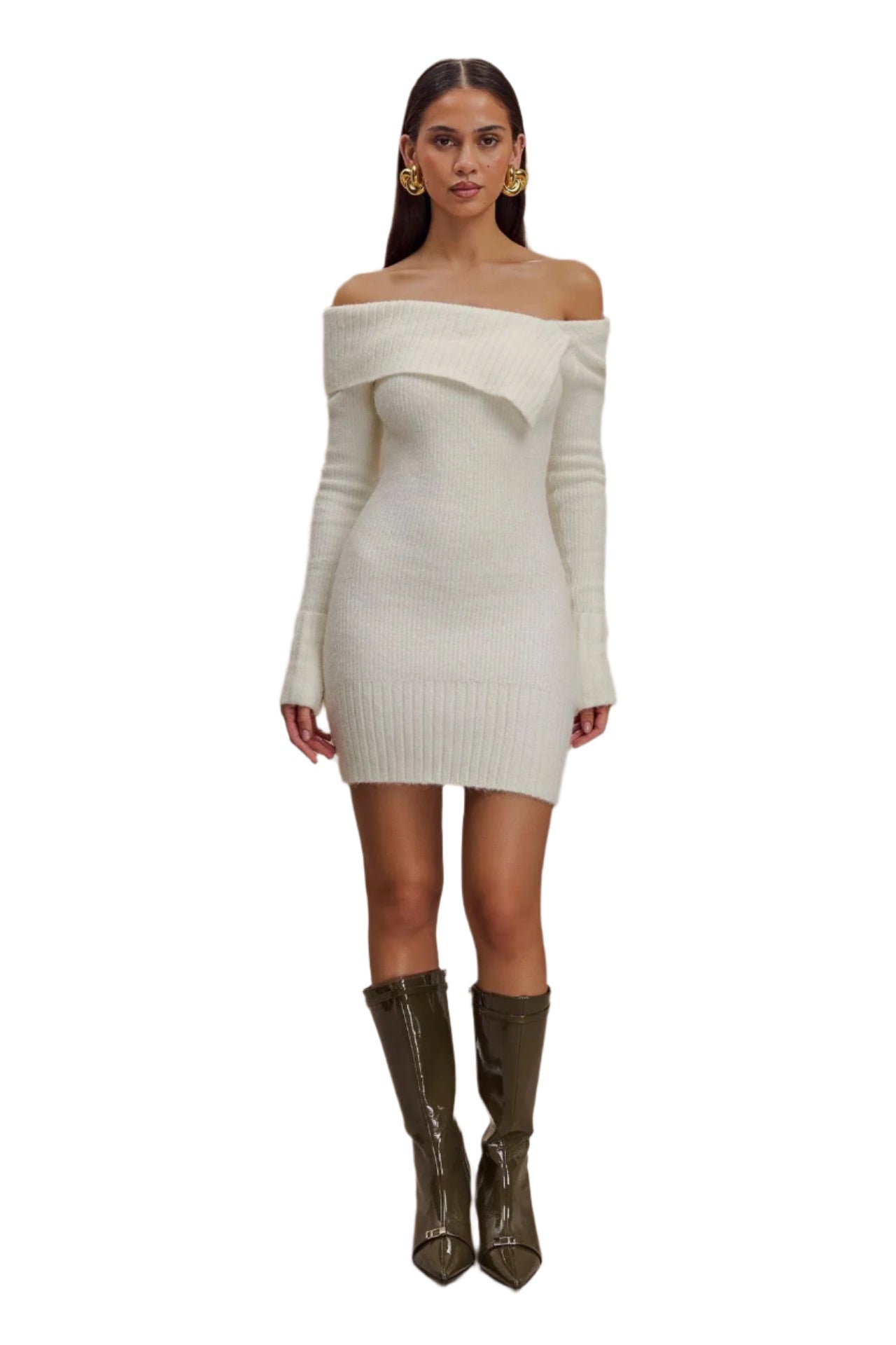 Women's Classic White Off-Shoulder Ribbed Knit Dress