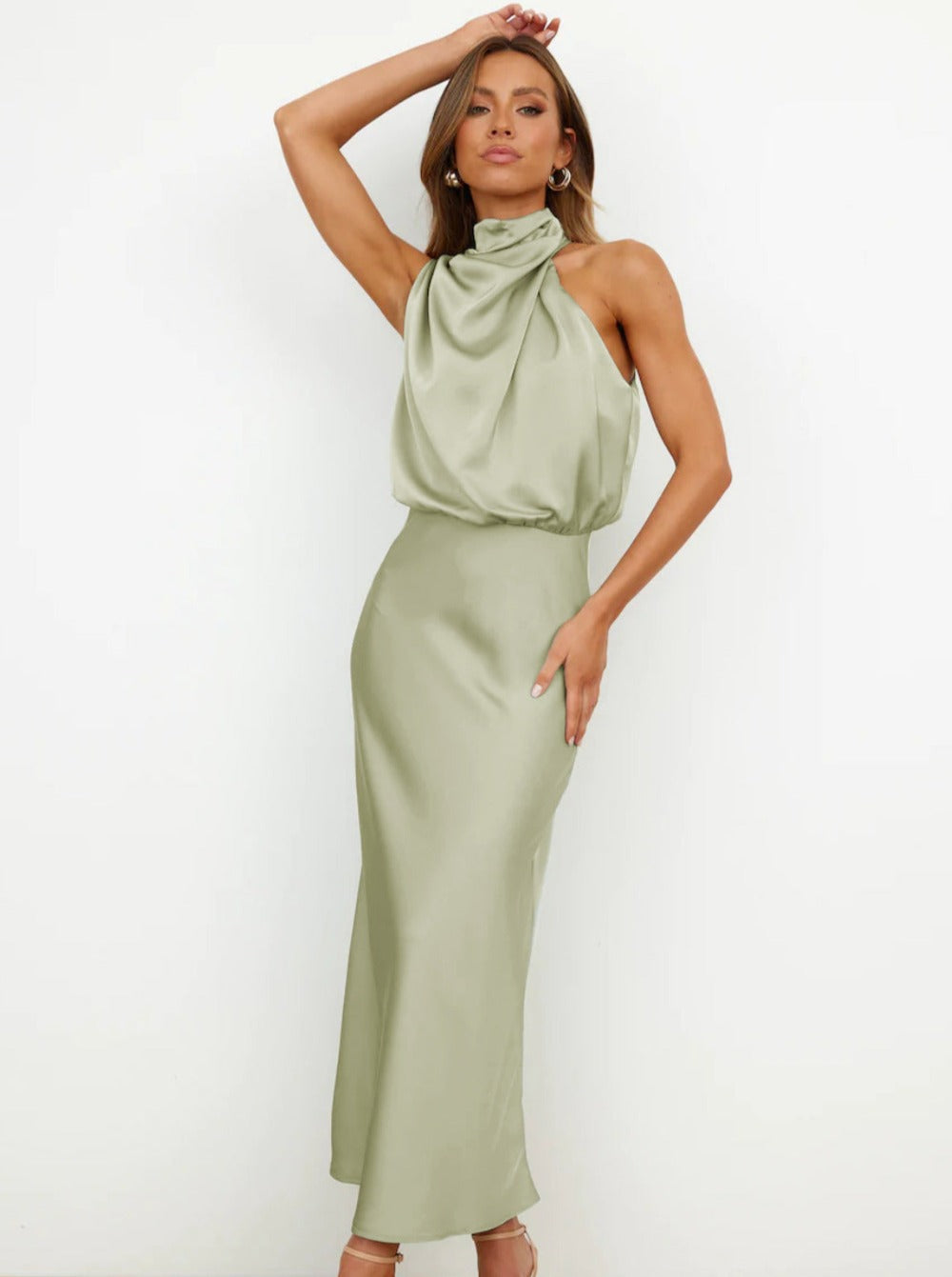 Elegant Light Green Halter Neck Dress