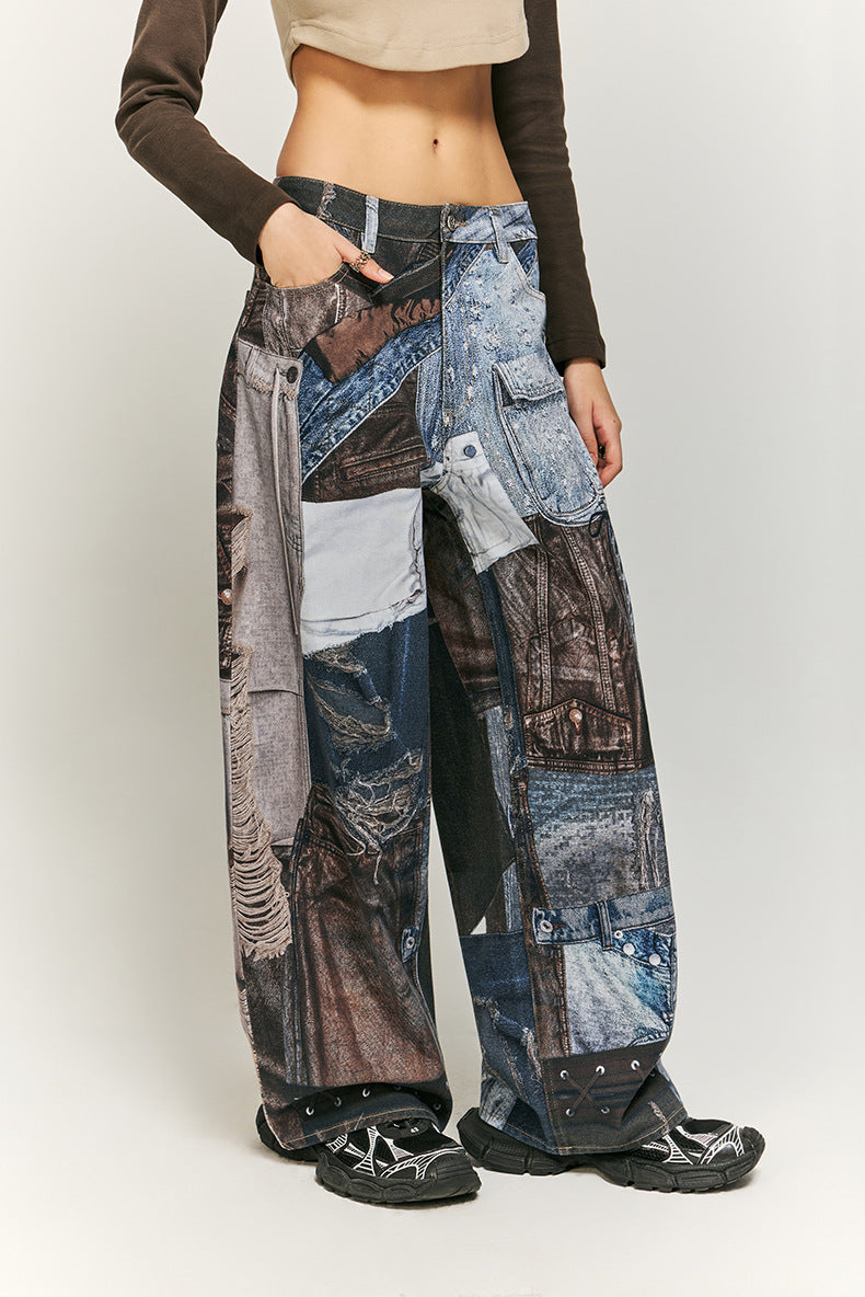 Cargo-Style Patchwork Wide-Leg Pants