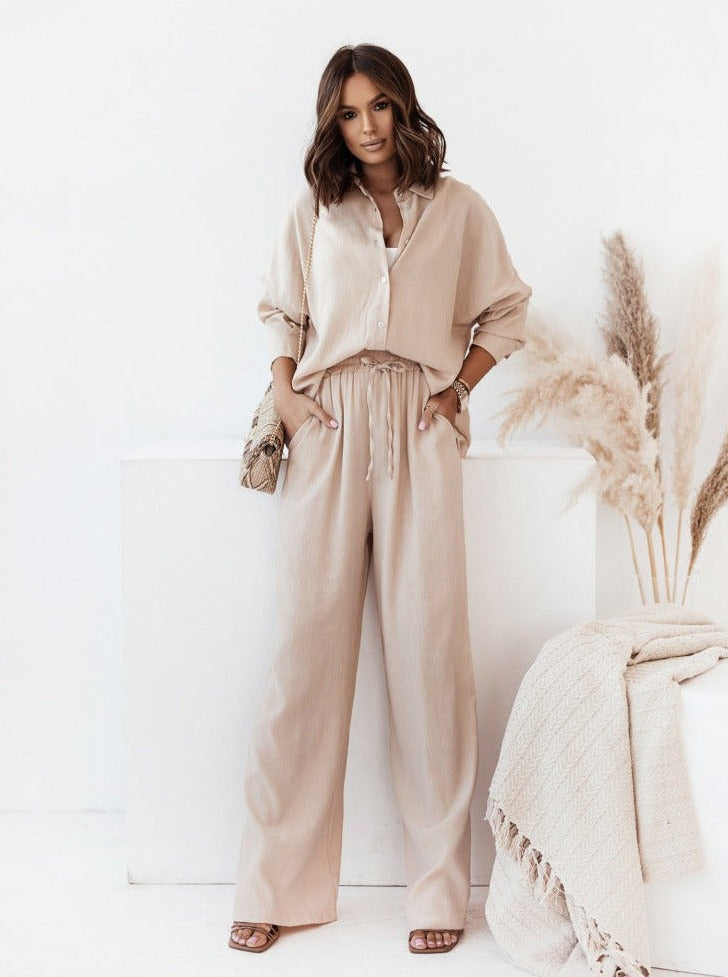 Casual Relaxed Fit Long Sleeve Shirt and Pants Set