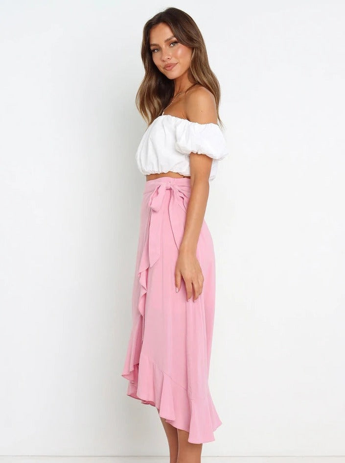 Asymmetrical Tie-Waist Ruffle Soft Pink Long Skirt