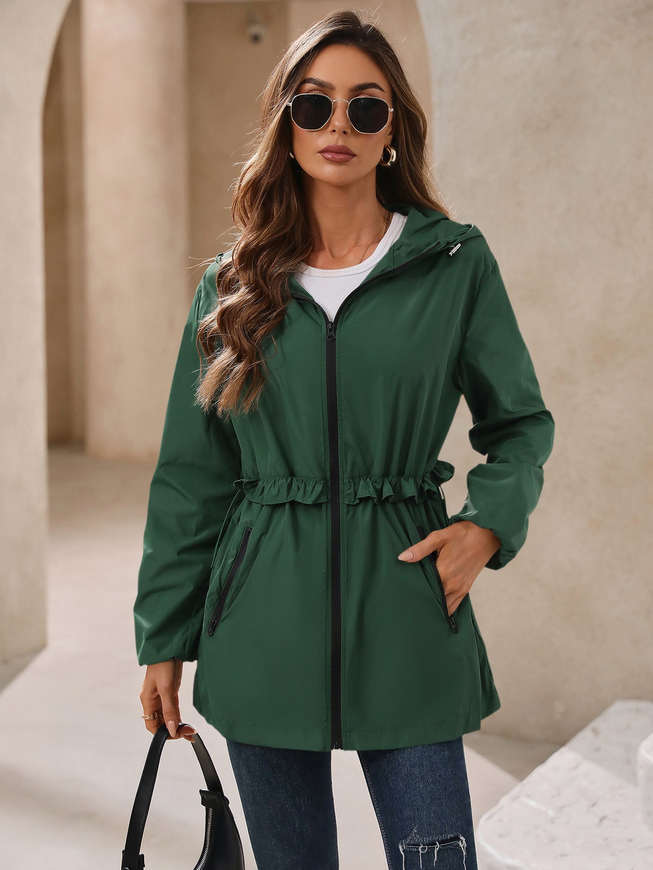 Stylish Ruffle Hooded Raincoat