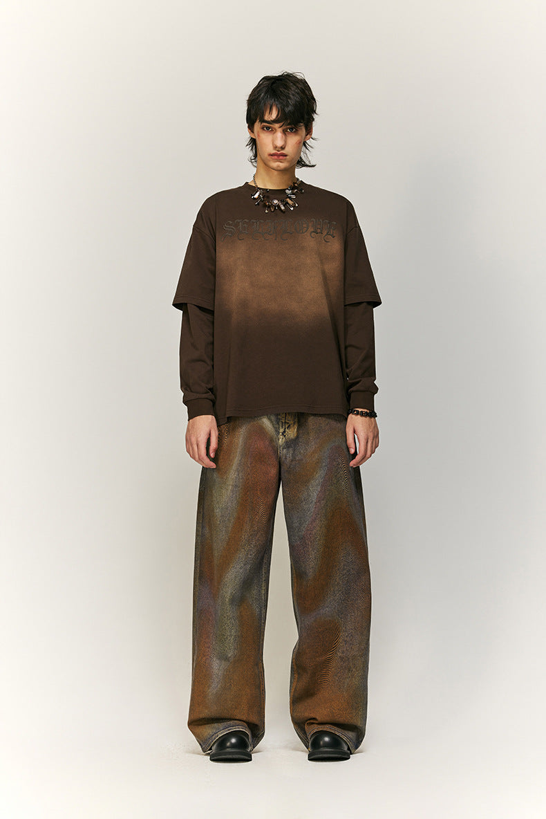 Earth-Tone Abstract Pattern Wide-Leg Denim Pants