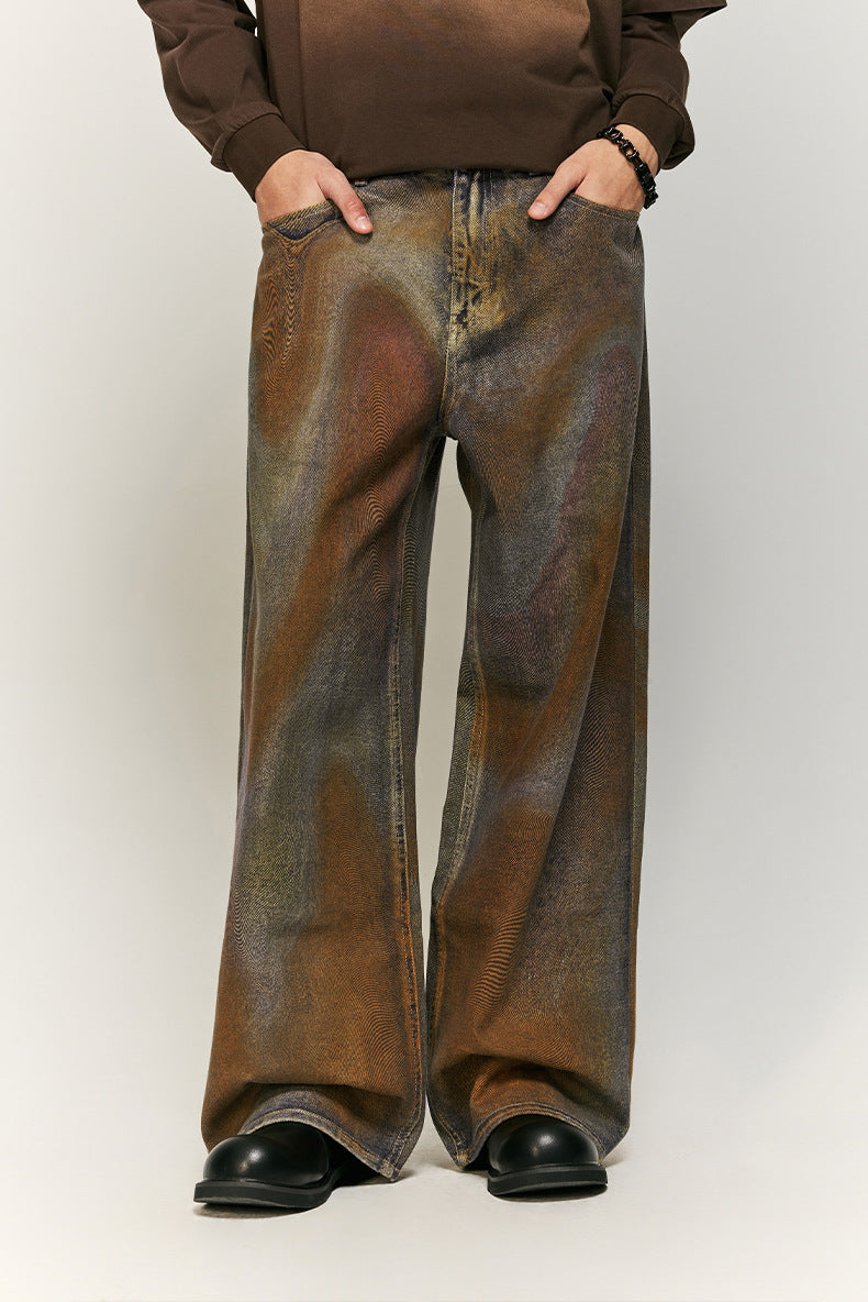 Earth-Tone Abstract Pattern Wide-Leg Denim Pants