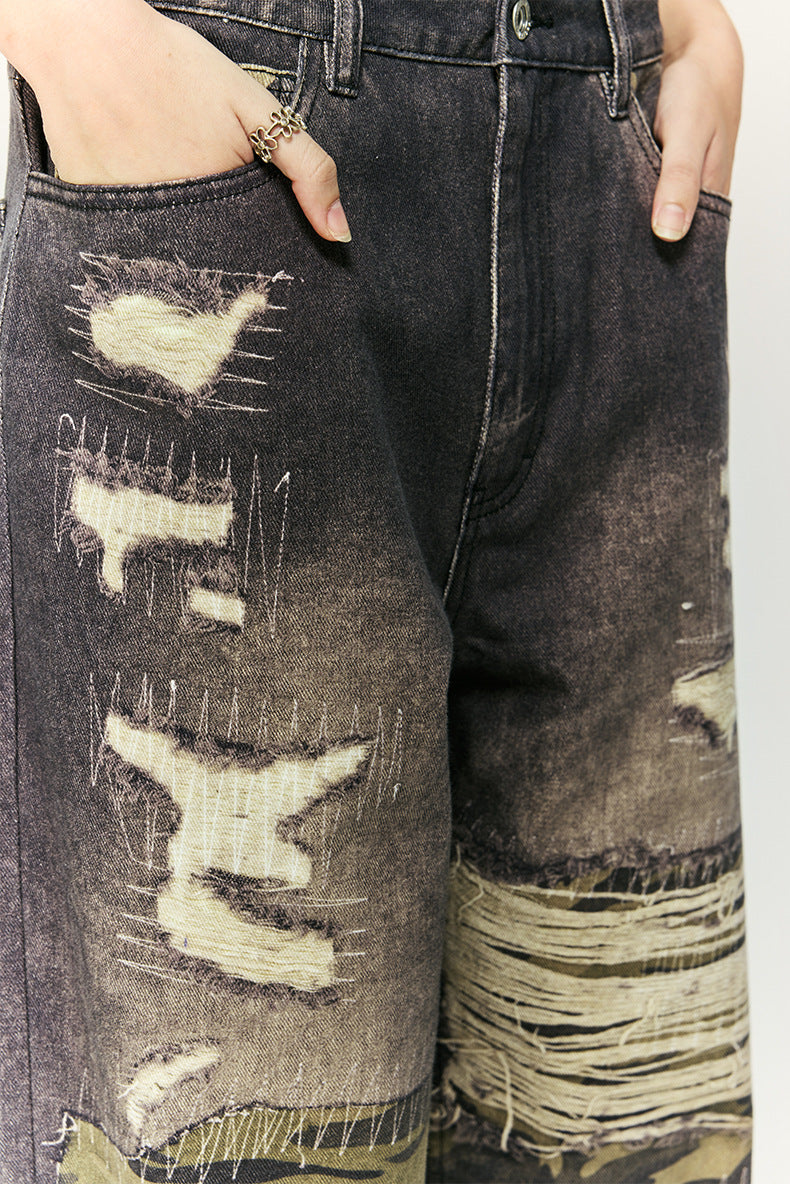 Urban Camo and Distressed Denim Wide-Leg Pants