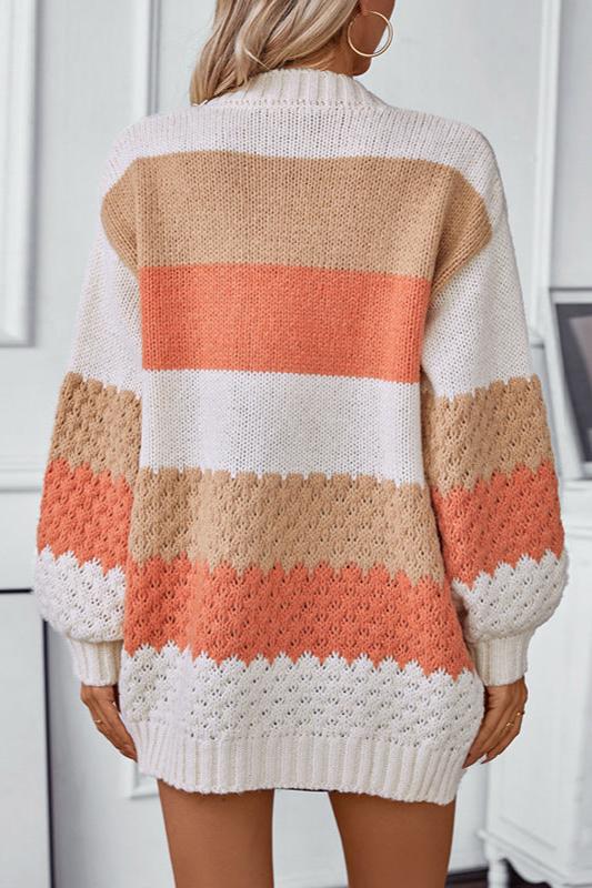 Multi Colored Lantern Sleeve V-Neck Knitted Cardigan