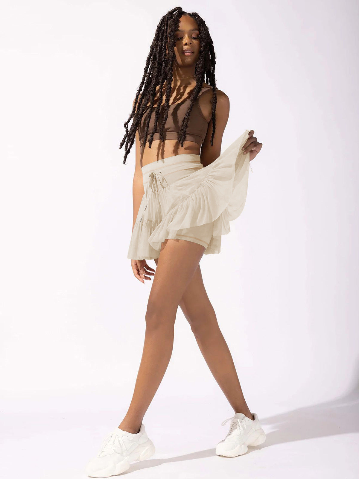 White and Brown High Waist Drawstring Pleated Skirt