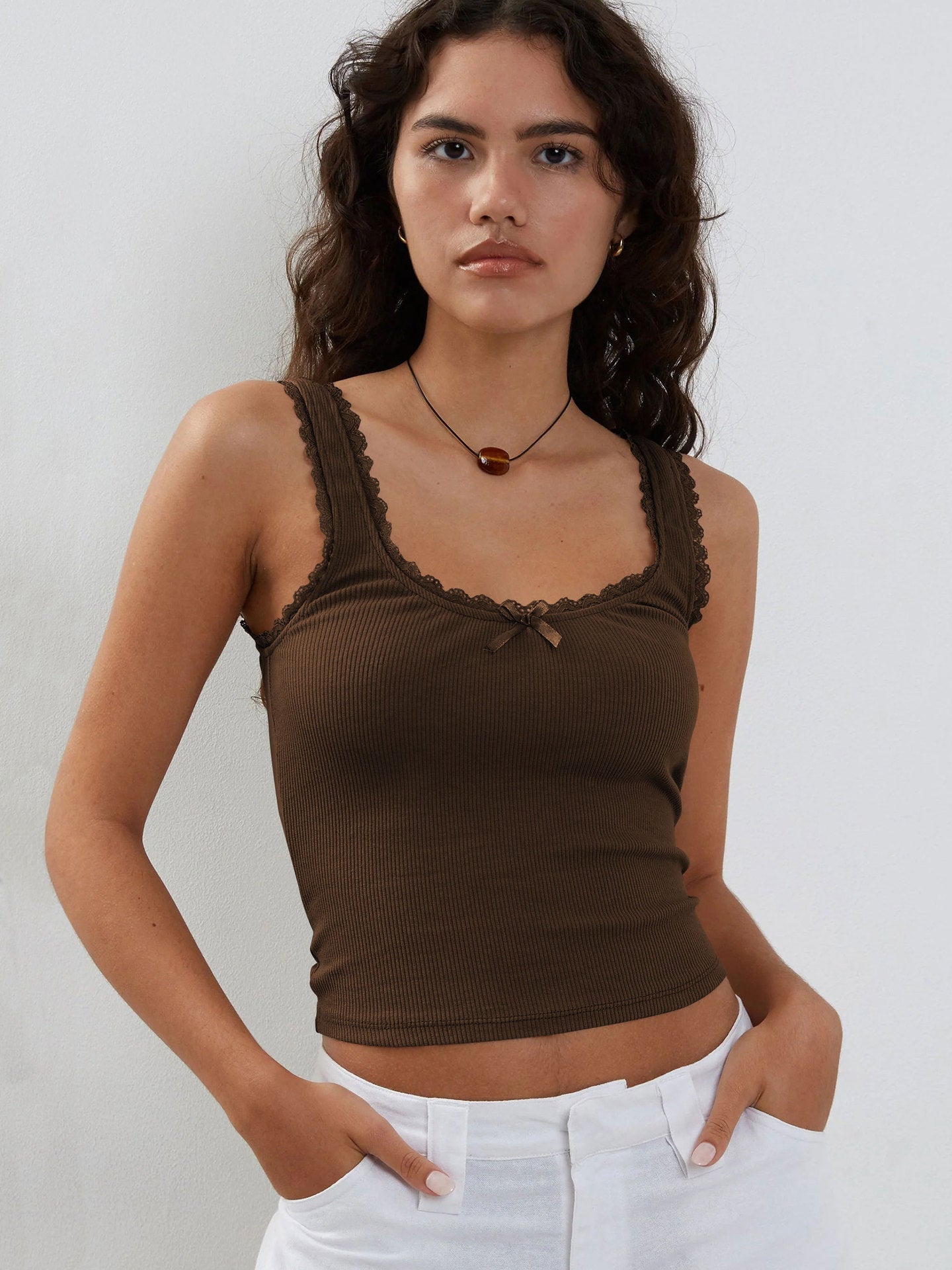 Brown Tank Lace Sleeveless Crop Top