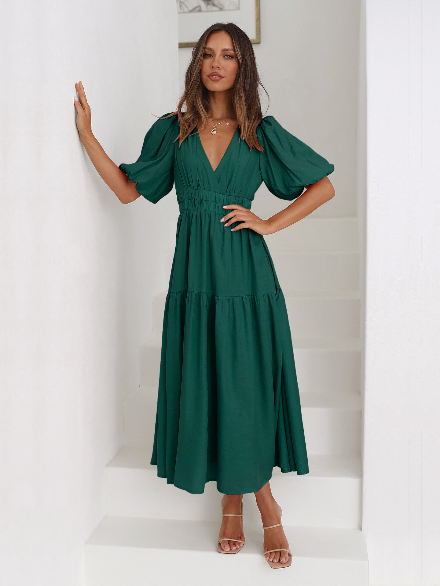 Dark Green Deep V-Neck Puff Sleeve Layered Dress