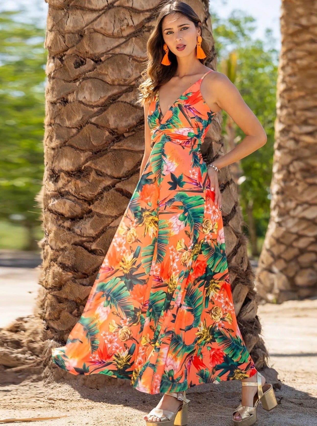 Elegant V-Neck Printed Twisted Chic Long A-Line Dress