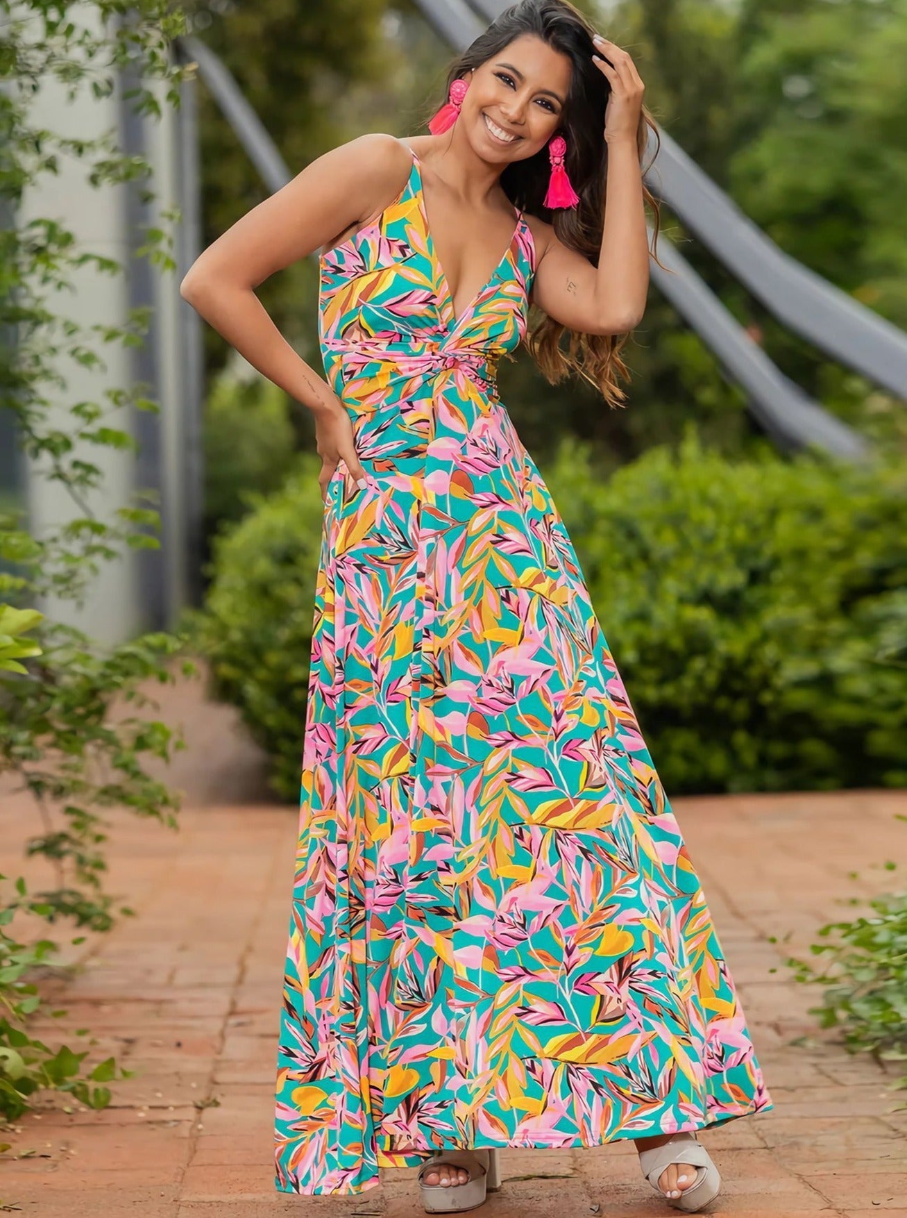 Elegant V-Neck Printed Twisted Chic Long A-Line Dress