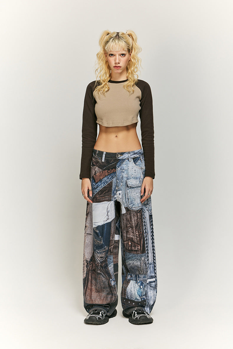 Cargo-Style Patchwork Wide-Leg Pants