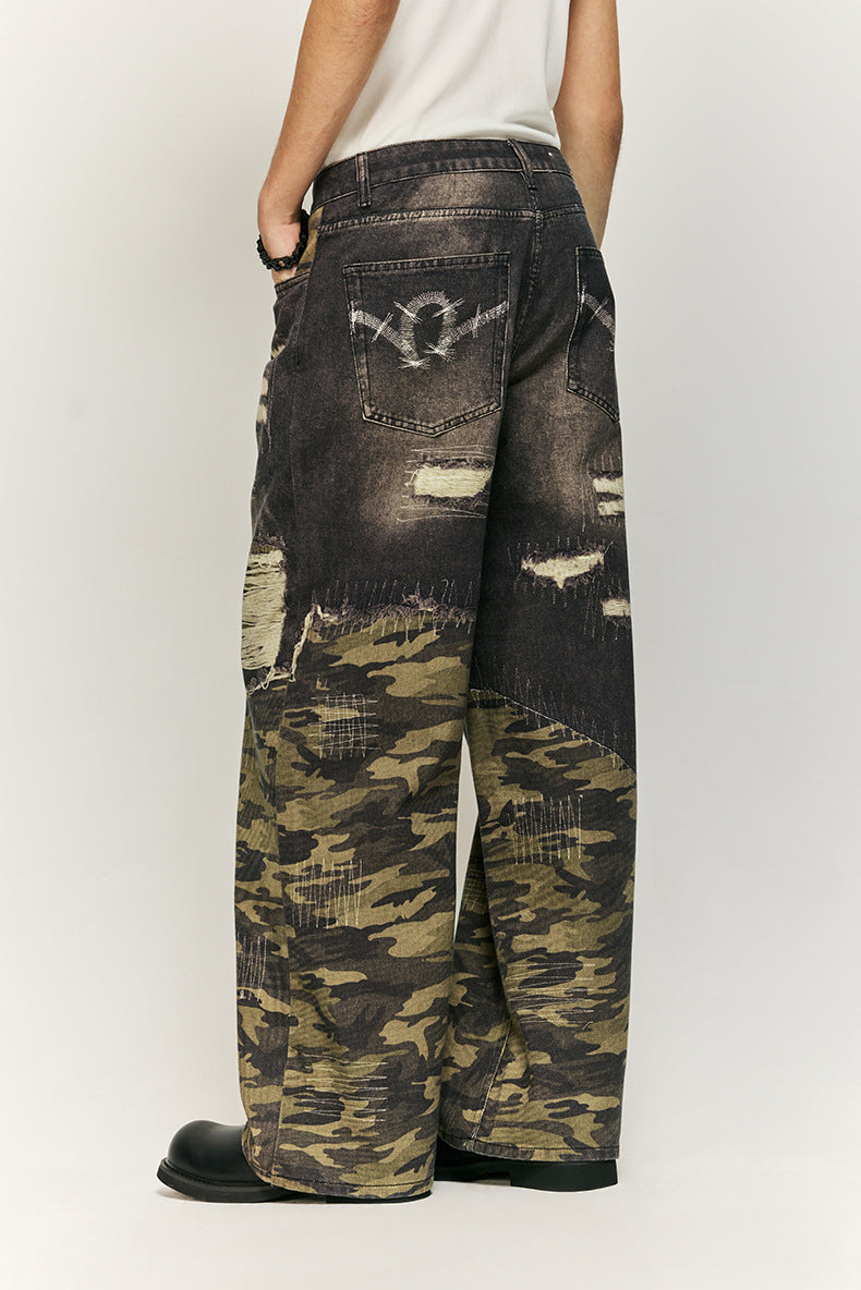 Urban Camo and Distressed Denim Wide-Leg Pants