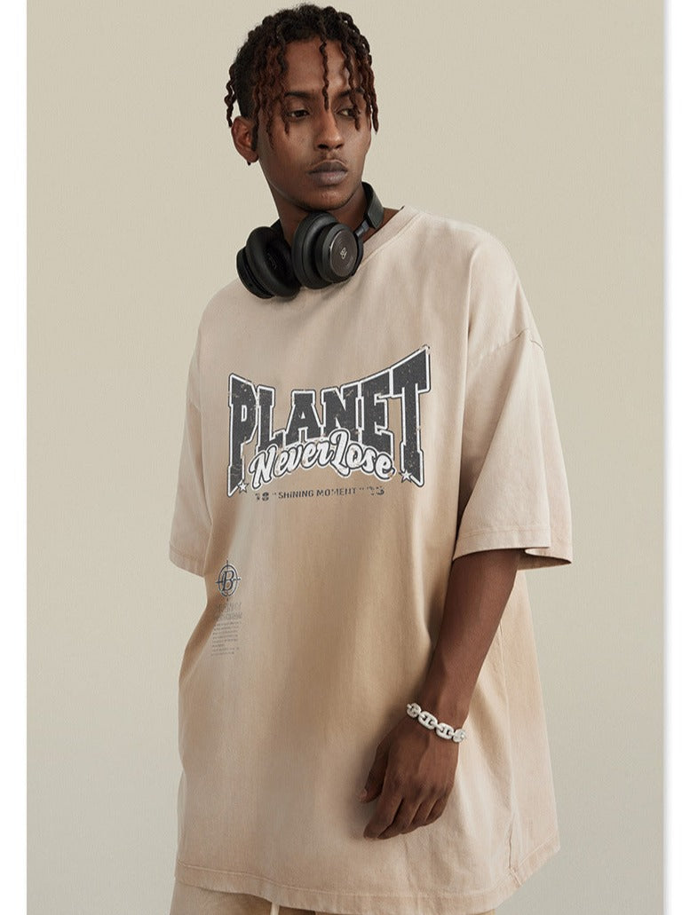 Spring Beige Basic Planet Printed Oversized Shirt