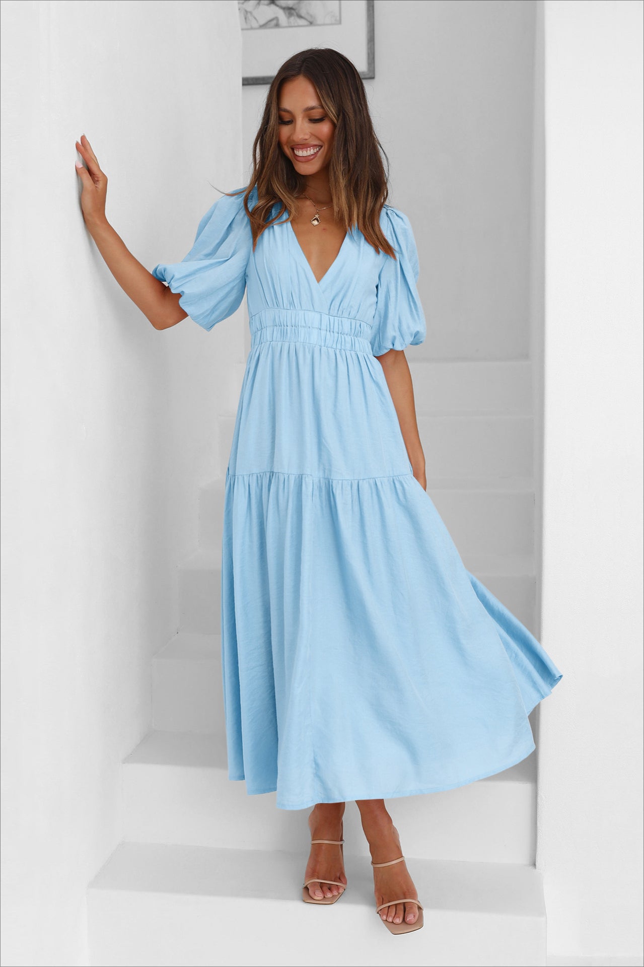 Sky Blue Deep V-Neck Puff Sleeve Layered Dress