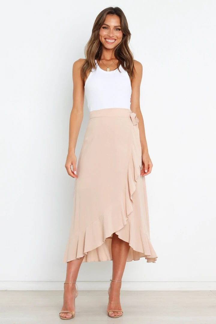 Asymmetrical Tie-Waist Ruffle Blush Beige Long Skirt