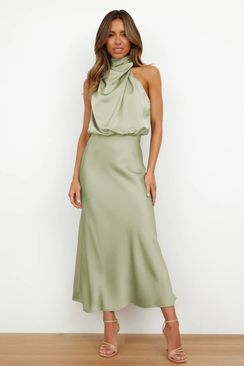 Elegant Light Green Halter Neck Dress